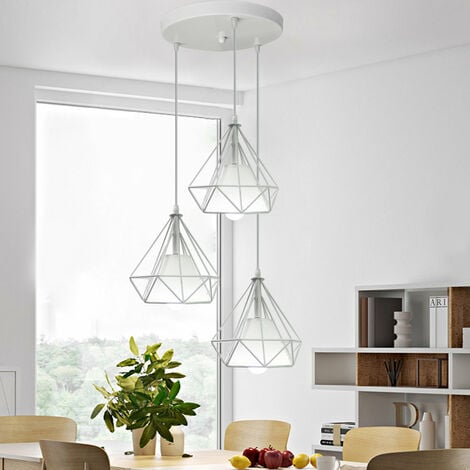Vintage Pendant Light, 3 Lights Spiral Industrial Metal Iron Hanging Ceiling Lamp Chandelier with Ø20cm Diamond Cage Lampshade for Kitchen Island (White)