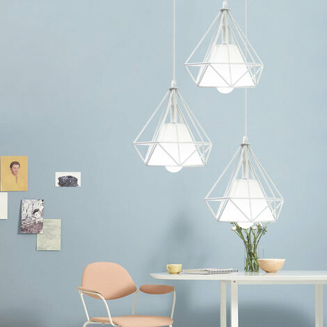Vintage Pendant Light, 3 Lights Spiral Industrial Metal Iron Hanging Ceiling Lamp Chandelier with Ø20cm Diamond Cage Lampshade for Kitchen Island (White)