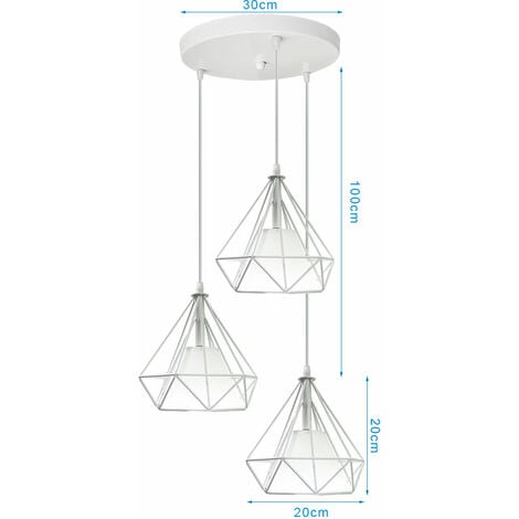 Vintage Pendant Light, 3 Lights Spiral Industrial Metal Iron Hanging Ceiling Lamp Chandelier with Ø20cm Diamond Cage Lampshade for Kitchen Island (White)