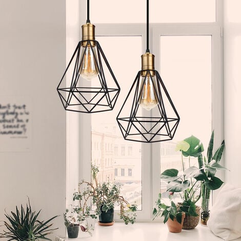 2X Pendant Lighting Fitting, Vintage Industrial Metal Hanging Ceiling Lamp, Retro Classic Simple Chandelier with Diamond Cage Lampshade