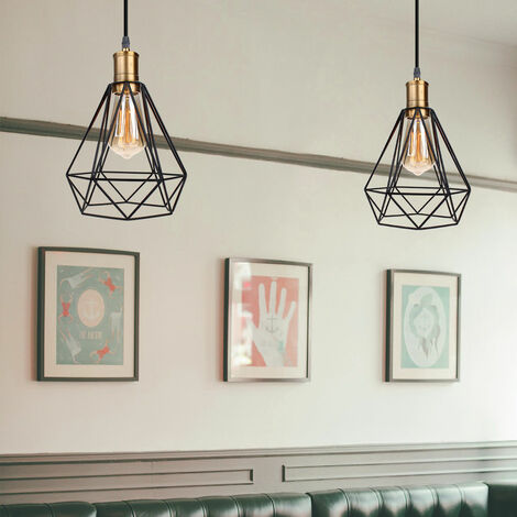 2X Pendant Lighting Fitting, Vintage Industrial Metal Hanging Ceiling Lamp, Retro Classic Simple Chandelier with Diamond Cage Lampshade