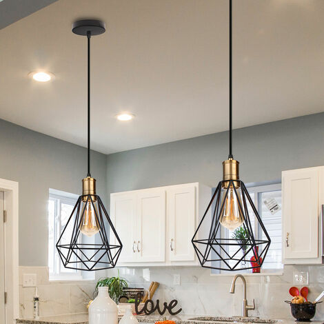 2X Pendant Lighting Fitting, Vintage Industrial Metal Hanging Ceiling Lamp, Retro Classic Simple Chandelier with Diamond Cage Lampshade