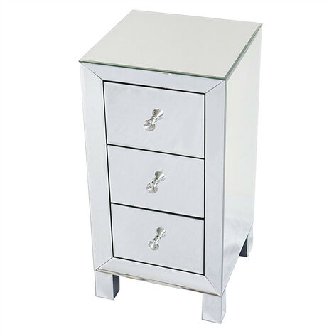 Bedside Table, Modern Luxury Mirrored Glass Nightstand with 3-Drawers & Crystal Knobs for Bedroom Living Room (Silver)