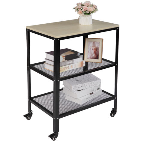 Kitchen Trolley with Wheels, 3 Tiers Industrial Wooden Storage Cart with Metal Frame for Kitchen Living Room Bedroom Office (Wood White)