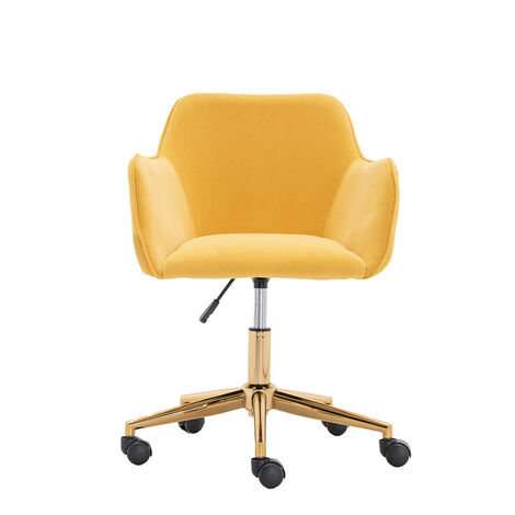 Office Chair, Modern Velvet Computer Chair with Gold Metal Legs, Swivel Desk Chair with Armrest for Indoor Home (Yellow)