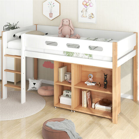 Bunk Bed, 3ft Mid Sleeper Wooden Loft Bed Frame with Movable Cabinet & Ladder for Kids Teens Bedroom Furniture (White + Wood Color)