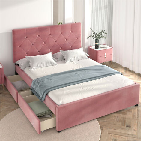Double Bed Frame with 2 Drawers, 4ft6 Upholstered Velvet Solid Wood Bed Frame with Headboard, Bedroom Furniture for Kids Teenagers Adults (Pink)