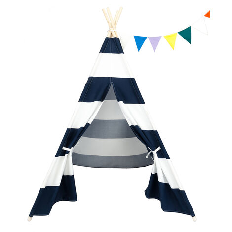 Teepee Tent for Kids, Playing Tent with Coloured Flag and Storage Bag, Playhouse for Boys and Girls (Striped Blue + White)