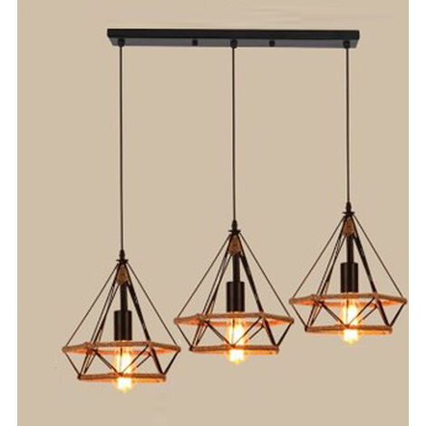 Vintage Pendant Light Fixture, Ø25cm Diamond Chandelier Retro 3 Lights Hemp Rope Industrial Hanging Ceiling Lamp with Cage Lampshade for Kitchen Island Black