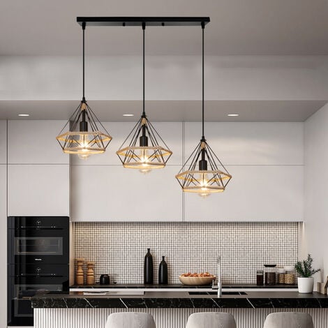 Vintage Pendant Light Fixture, Ø25cm Diamond Chandelier Retro 3 Lights Hemp Rope Industrial Hanging Ceiling Lamp with Cage Lampshade for Kitchen Island Black