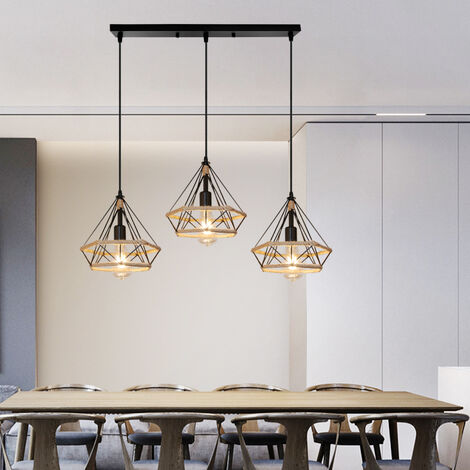 Vintage Pendant Light Fixture, Ø25cm Diamond Chandelier Retro 3 Lights Hemp Rope Industrial Hanging Ceiling Lamp with Cage Lampshade for Kitchen Island Black