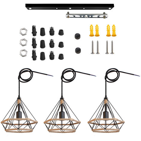 Vintage Pendant Light Fixture, Ø25cm Diamond Chandelier Retro 3 Lights Hemp Rope Industrial Hanging Ceiling Lamp with Cage Lampshade for Kitchen Island Black