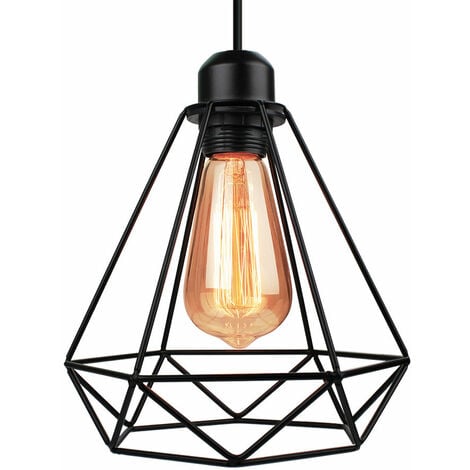 Vintage Pendant Light in Ø20cm Diamond Shape, Industrial Hanging Ceiling Lamp with Metal Cage Lampshade, E27 Holder Chandelier Black 1PCS