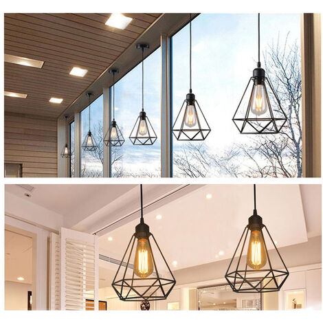 Vintage Pendant Light in Ø20cm Diamond Shape, Industrial Hanging Ceiling Lamp with Metal Cage Lampshade, E27 Holder Chandelier Black 1PCS