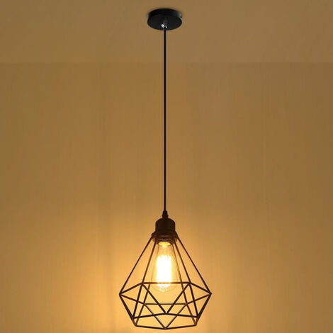 Vintage Pendant Light in Ø20cm Diamond Shape, Industrial Hanging Ceiling Lamp with Metal Cage Lampshade, E27 Holder Chandelier Black 1PCS