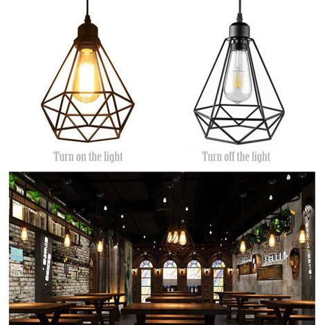 Vintage Pendant Light in Ø20cm Diamond Shape, Industrial Hanging Ceiling Lamp with Metal Cage Lampshade, E27 Holder Chandelier Black 1PCS