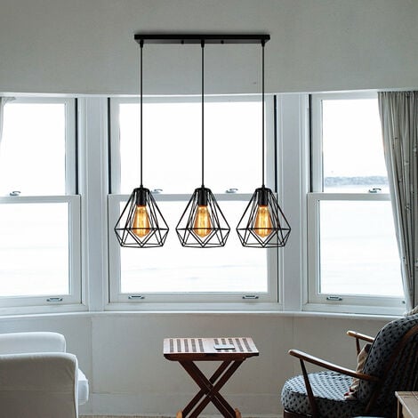 Industrial Pendant Light Retro Black Metal Ceiling Light Ø20cm Diamond Hanging Light Vintage 3 Lights Chandelier Fixture for Kitchen Island