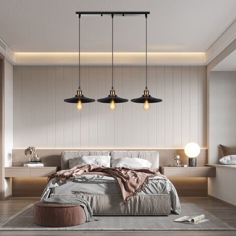 Vintage Pendant Light Fitting 3 Lights Metal Chandelier Vintage Retro Ceiling Lamp with Ø22cm Lampshade for Kitchen Island (Black)