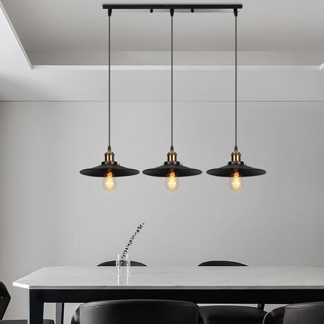 Vintage Pendant Light Fitting 3 Lights Metal Chandelier Vintage Retro Ceiling Lamp with Ø22cm Lampshade for Kitchen Island (Black)
