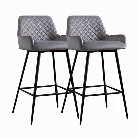 Bar Stools Set of 2, Velvet Bar Chair with Backrest Footrest Metal Legs for Kitchen Island Counter (Gray)
