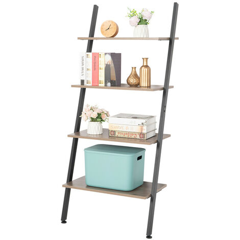 Bookshelf, 4 Tier Industrial Wooden Ladder Shelf with Metal Frame, Floor Standing Storage Shelves for Indoor Living Room Bedroom Office Balcony (Grey)