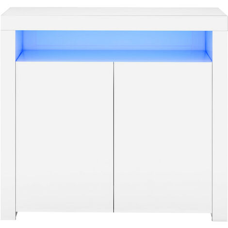Sideboard with LED, High Gloss Buffet Cabinets, Modern Cupboard with 2 Doors for Kitchen Living Room Dining Room (White)