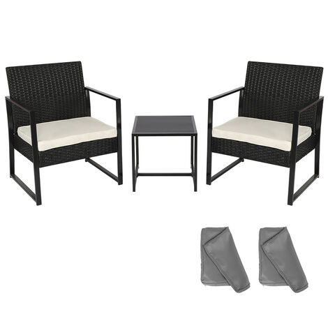 Garden Furniture Set of 3, Rattan Dining Table and 2 Armchairs with 2 Cushion Cove and 1 Coffee Table for Outdoor Patio Balcony Pool Side (Black)