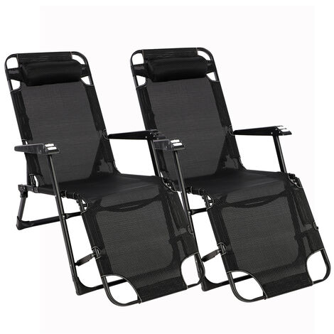 Reclining Sun Lounger Set of 2, Textline Zero Gravity Chair with Head Pillow, Adjustable Foldable Camping Chair for Patio Garden Beach Pool (Black)