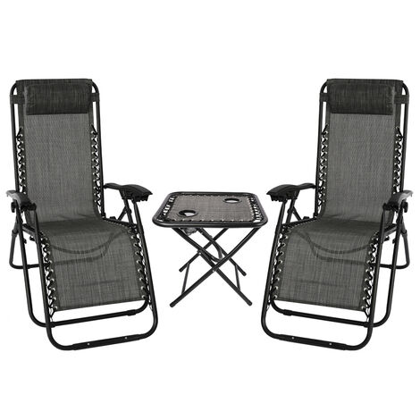 Reclining Sun Lounger and Table Set of 3, Zero Gravity Chair with Folding Table and Adjustable Head Pillow, Adjustable Foldable Camping Chair for Patio Garden Beach Pool (Gray-black)