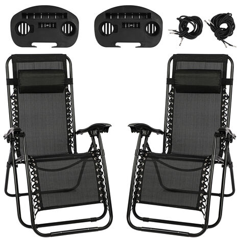 Reclining Sun Lounger Set of 2, Zero Gravity Chair with Cup Phone Holder and Head Pillow, Adjustable Foldable Camping Chair for Patio Garden Beach Pool (Black)