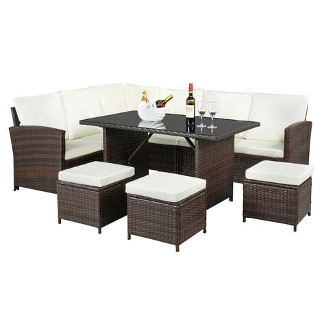 Garden Furniture Set 9-seater, Rattan Wicker Corner Dining Sofa Set with 3 Ottoman for Outdoor (Mix Brown)