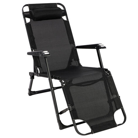 Reclining Sun Lounger, Textline Zero Gravity Chair with Head Pillow, Adjustable Foldable Camping Chair for Patio Garden Beach Pool (Black)
