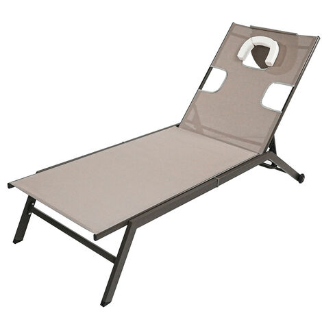 Garden Sun Lounger, Sunbed with Reading Hole Adjustable Back and Wheels, Reclining Deck Chairs for Patio Camping Beach (Brown)