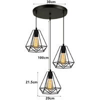 Vintage Pendant Light Fixture, Ø20cm Diamond Chandelier Retro 3 Lights Spiral Industrial Hanging Ceiling Lamp with Cage Lampshade for Kitchen Island Black
