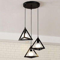 Vintage Pendant Light Fixture 3 Lights Spiral Geometric Triangle Chandelier Industrial Hanging Ceiling Lamp with Cage for Kitchen Island (Black)