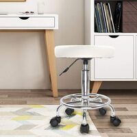 PU Leather Round Rolling Stool with Foot Rest, Swivel Height Adjustment Stools Task Chair for Spa Drafting Salon Tattoo Work Office Massage (White)