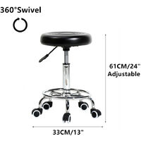 Round Rolling Stool with Foot Rest & Wheels PU Leather Swivel Cushion Height Adjustable Chair for Spa Drafting Salon Tattoo Work Office Massage (Black)