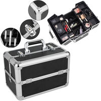 4 Trays Makeup Box Cosmetic Organiser Case Vanity Nail Box with Mirror and Polish Slots, Lockable with Keys & Shoulder Strap, Black & Silver