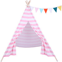 Teepee Tent for Kids with Coloured Flag and Storage Bag, Playing Tent for Boys and Girls Indoor Outdoor Camping (Striped Pink)
