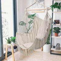 Hanging Chair with Tassel, Cotton Hammock Chair with 2 Square Cushion, Cotton Swing Seat for Patio Porch Bedroom Backyard Indoor or Outdoor (Beige)