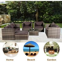 8 Seater Rattan Sofa Set, 2pcs Arm Chairs & 1pc Love Seat & 3 Seater Sofa & Tempered Glass Coffee Table & Ottoman Conversation Set for Outdoor Garden Patio Yard Furniture (Grey)