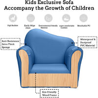 Kids Single Sofa & Pedal Set, Mini Children Leather Armchair with Wood Frame for Bedroom Playroom Furniture (Blue)