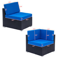 Rattan Corner Sofa Set, L Shape Combination Sofa Bed, 2pcs Corner Couches & 2pcs Single Couches for Living Room Garden Patio Furniture (Blue)