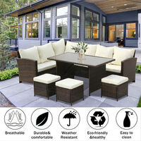 9 Seater Rattan Sofa Set, Corner Sofa & Tempered Glass Coffee Table & 3 pcs Ottoman Conversation Set for Outdoor Garden Patio Yard Furniture (Brown)