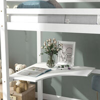 Loft Single Bed, 3ft High Sleeper Wooden Bunk Bed Frame with Desk and Ladder for Kids Teens Bedroom Furniture (White)
