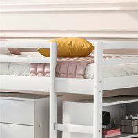 Loft Bed, 3ft Mid Sleeper Wooden Bunk Bed Frame with 3 Drawers & Desk & 4 Storage Shelves for Kids Teens Bedroom Furniture (White)