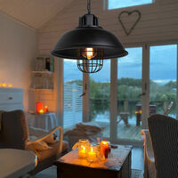 Vintage Pendant Light Ø33cm Metal Dome Hanging Ceiling Lamp, Industrial Chandelier with Cage Lampshade for Bedroom Living Room Kitchen Island (Black)