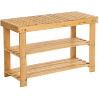 Shoe Stool, Bamboo Bench with Storage Shoe Rack for Hallway Bathroom Living Room (Natural Wood)
