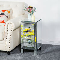 Bedside Table, Modern Luxury Mirrored Glass Nightstand with 3-Drawers & Crystal Knobs for Bedroom Living Room (Silver)