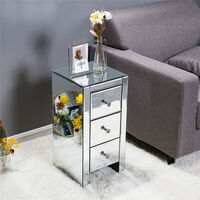 Bedside Table Mirrored Glass, Modern Luxury Nightstand with 3-Drawers & Crystal Knobs for Bedroom Living Room (Silver)